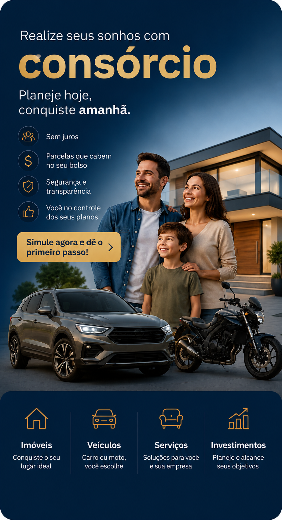 Família realizando sonhos com consórcio Zaion: casa, carro e moto